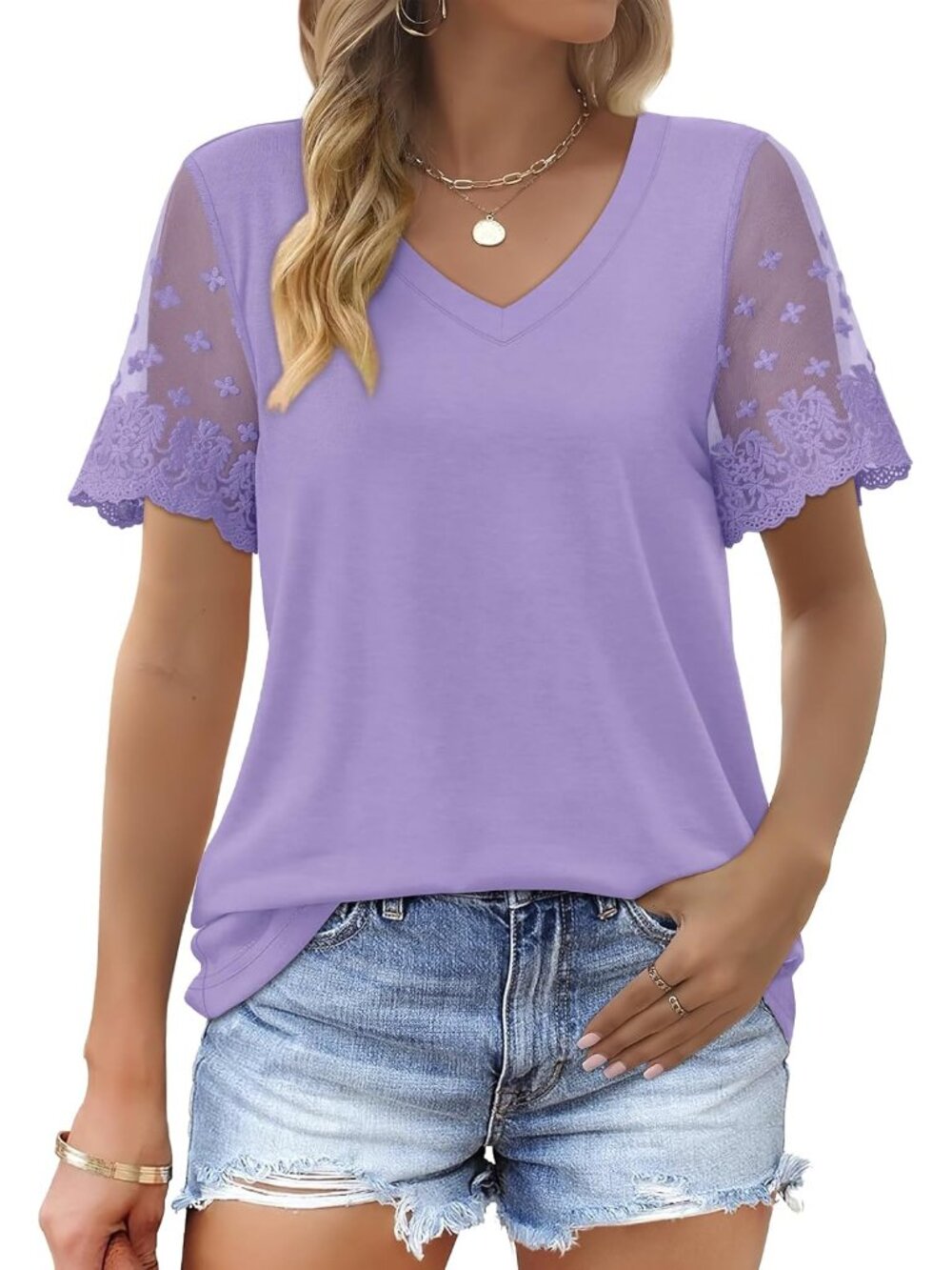 Casual V Neck T Shirts for Women Lace Short Sleeve Curved Hem Tops Loose Fit